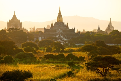 Silhouette of Buddhist Pagodas at sunrise, Bagan, Myanmar